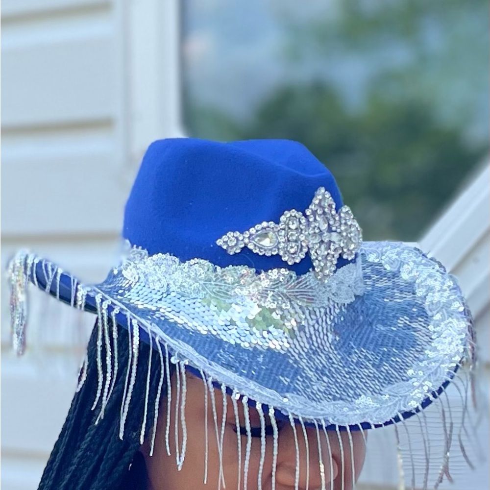 Elegant Blue Cowboy Hat with Silver Sequin Accents